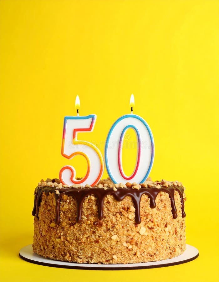 Round white cake with smooth frosting and decorative whipped cream on top, positioned on a white plate. Two gold candles shaped like the number "50" are lit and placed on the cake. The background is bright yellow, creating a vibrant contrast with the cake. Yummy cake with burning number shaped candles on yellow background, space for text. Al Generated. Yellow round cake illustrations
