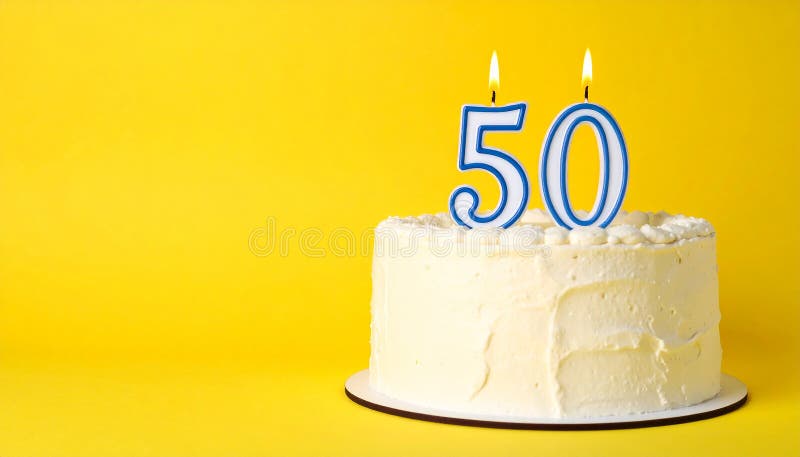 Round white cake with smooth frosting and decorative whipped cream on top, positioned on a white plate. Two gold candles shaped like the number "50" are lit and placed on the cake. The background is bright yellow, creating a vibrant contrast with the cake. Yummy cake with burning number shaped candles on yellow background, space for text. Al Generated. Yellow round cake illustrations