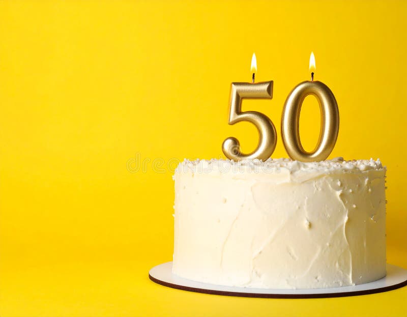 Round white cake with smooth frosting and decorative whipped cream on top, positioned on a white plate. Two gold candles shaped like the number "50" are lit and placed on the cake. The background is bright yellow, creating a vibrant contrast with the cake. Yummy cake with burning number shaped candles on yellow background, space for text. Al Generated. Yellow round cake illustrations