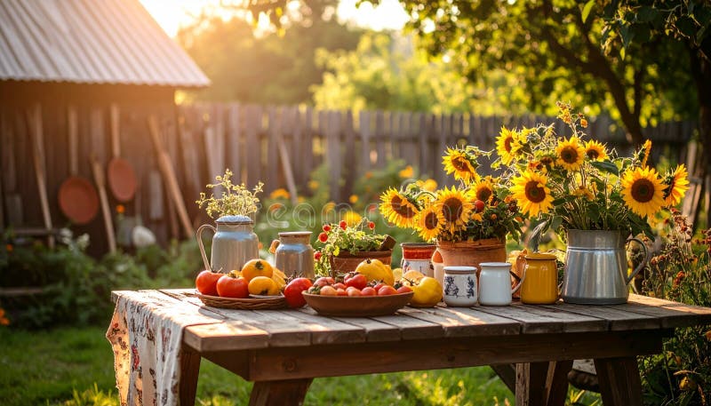 Generated image. A rustic outdoor setting features a wooden table adorned with sunflowers and fruit. royalty free stock photos