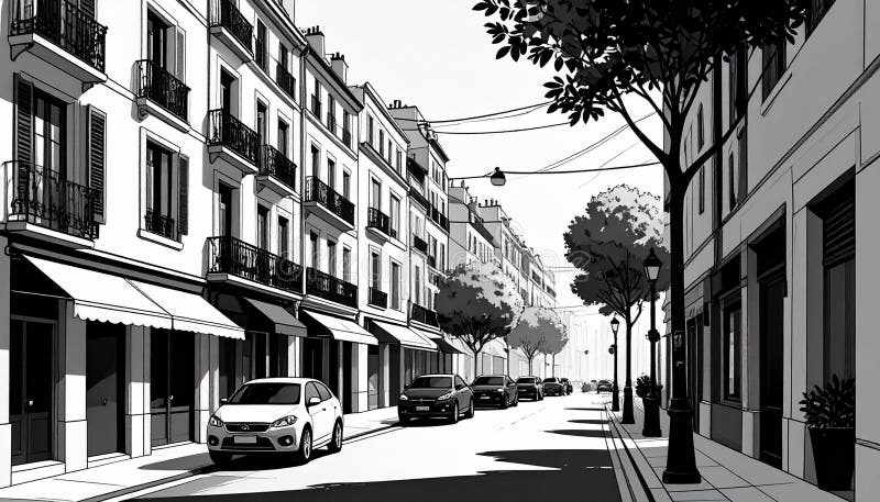 Generated image.A monochrome illustration depicts a European-style street.