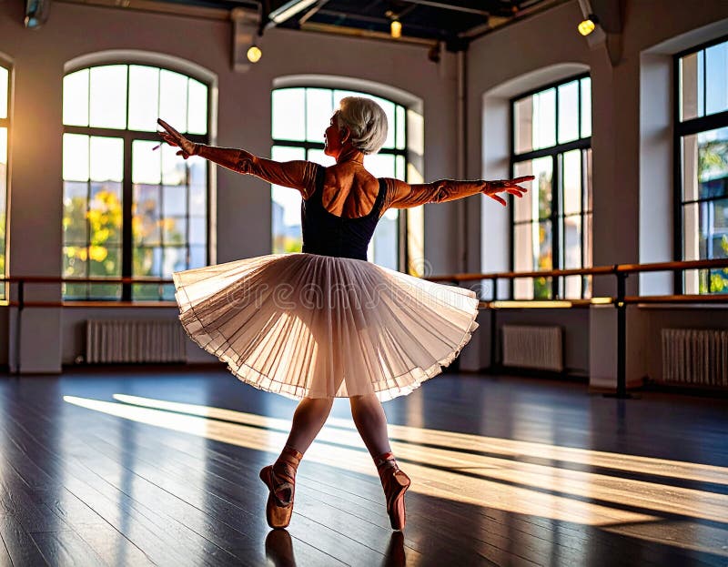 Elderly woman in a ballet studio performing en pointe, arms gracefully extended. She wears a black leotard and a white, pleated tutu. The sun casts long shadows through large, arched windows, illuminating the hardwood floor. High ceilings and mirrored walls with wooden barre features define the studio space. Ballet leotard illustrations