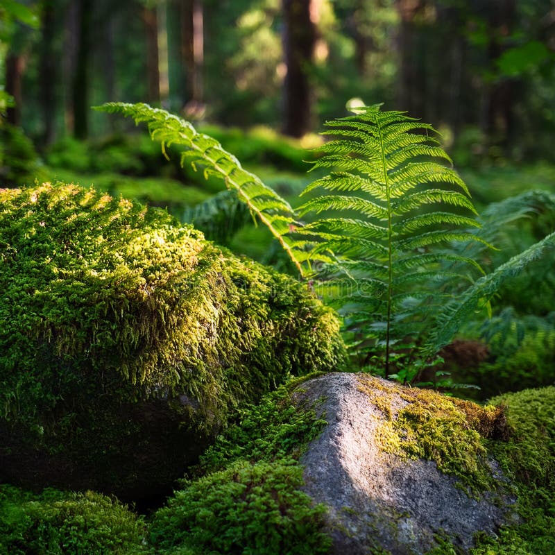 A Close-Up of Moss-Covered Rocks and Ferns in a Shady Forest Glade stock illustration
