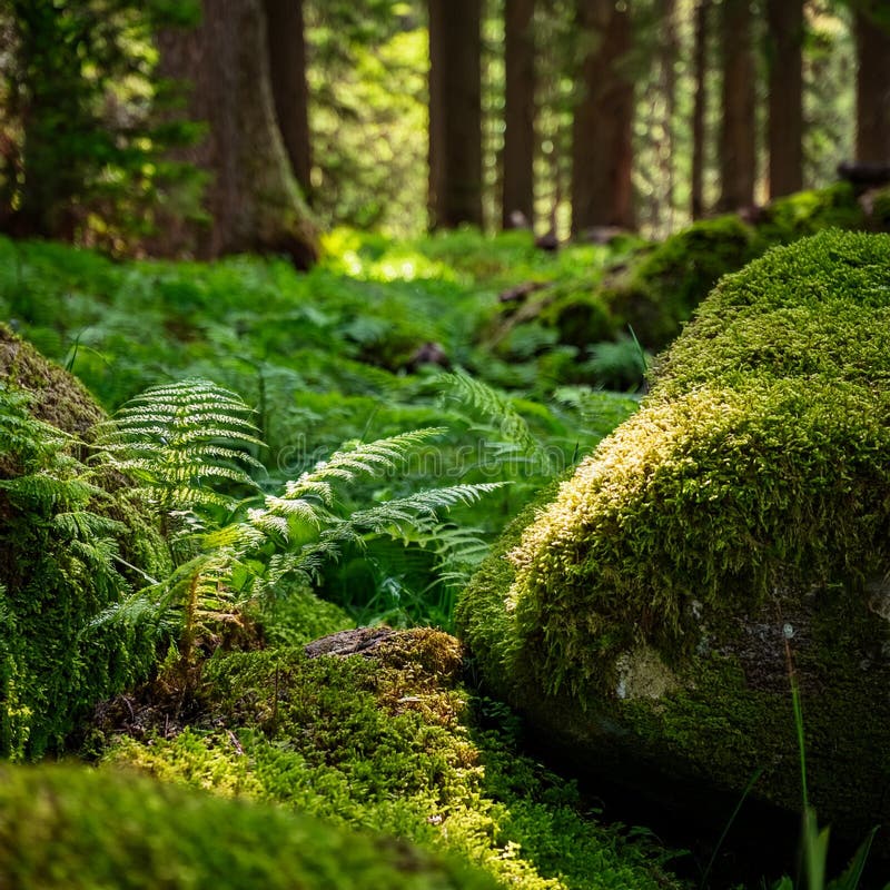 A Close-Up of Moss-Covered Rocks and Ferns in a Shady Forest Glade stock illustration