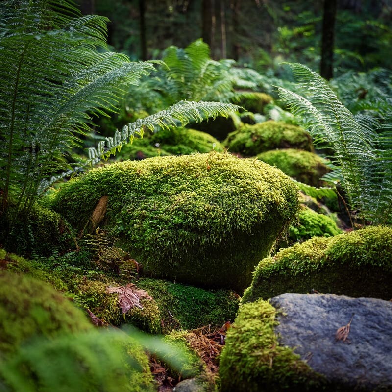 A Close-Up of Moss-Covered Rocks and Ferns in a Shady Forest Glade royalty free illustration