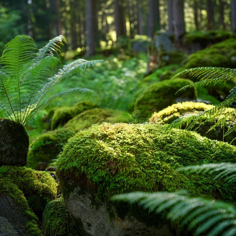 A Close-Up of Moss-Covered Rocks and Ferns in a Shady Forest Glade royalty free illustration