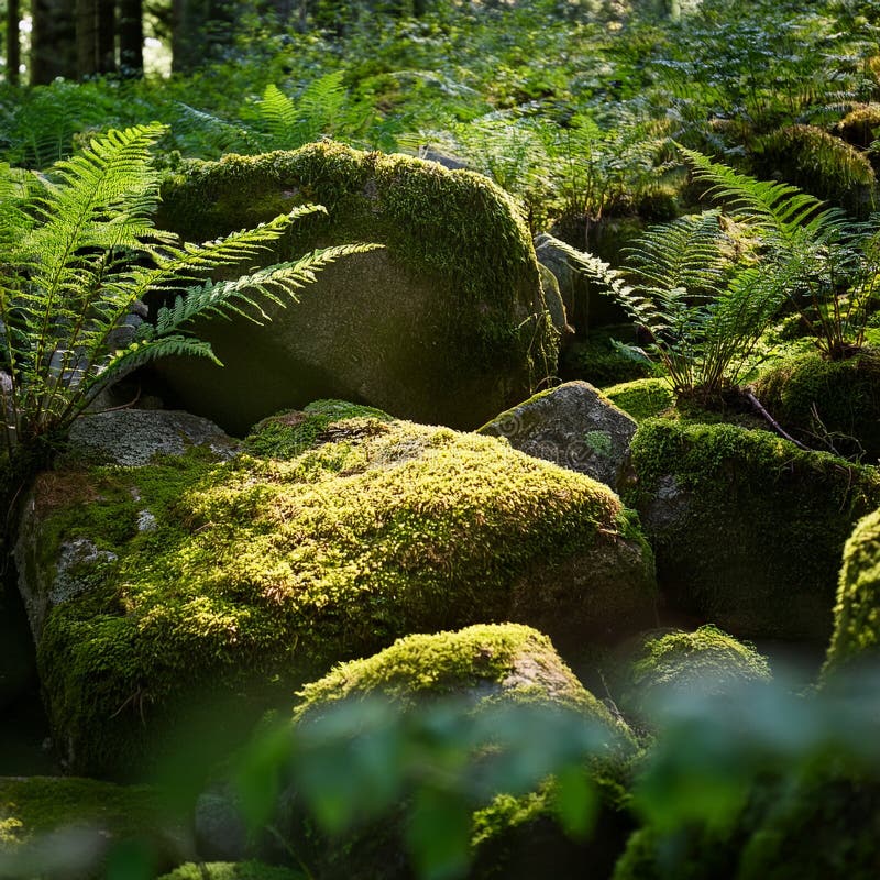 A Close-Up of Moss-Covered Rocks and Ferns in a Shady Forest Glade stock illustration