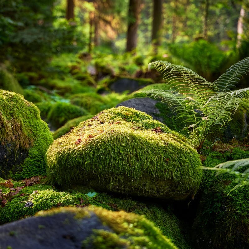 A Close-Up of Moss-Covered Rocks and Ferns in a Shady Forest Glade royalty free illustration