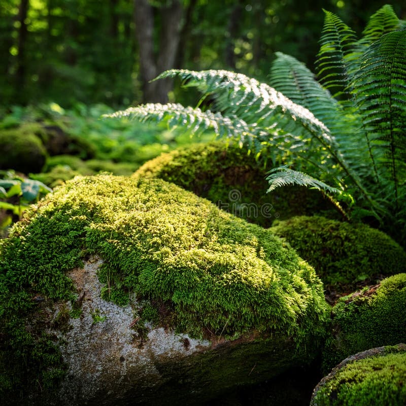 A Close-Up of Moss-Covered Rocks and Ferns in a Shady Forest Glade stock illustration