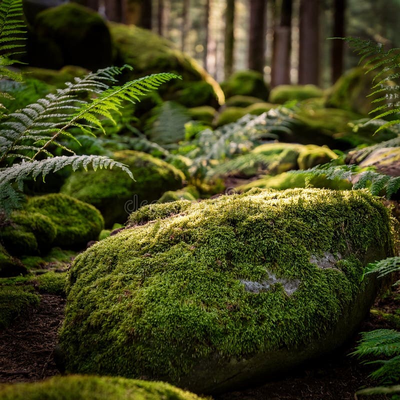 A Close-Up of Moss-Covered Rocks and Ferns in a Shady Forest Glade royalty free illustration