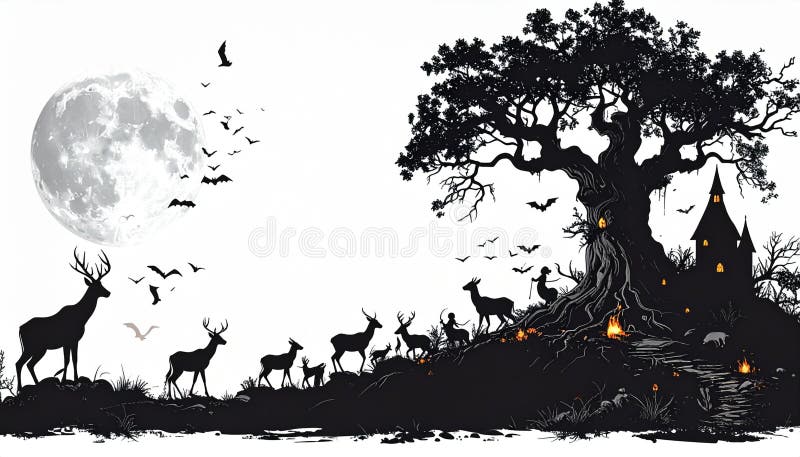 Silhouette illustration of a moonlit scene with various deer Generative AI stock illustration