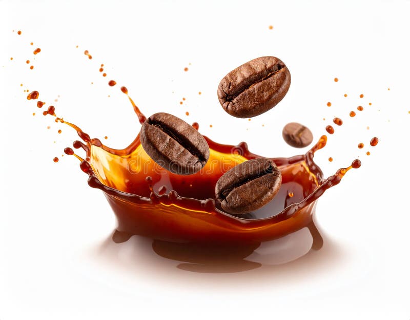 Coffee beans appear to float around an artistic splash of coffee, creating a dynamic, lively scene. The splash is captured mid-action, with arcs of liquid emphasizing movement. The deep brown hues of the beans contrast with the rich, amber tones of the coffee, set against a stark white background. The composition focuses on texture and fluidity, highlighting the smooth, glossy surface of the liquid and the rugged, natural texture of the coffee beans. Coffee splash and roasted beans in air on white background. Al Generated. Lively natural composition illustrations