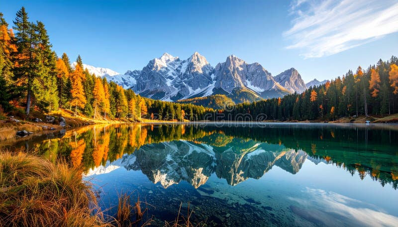 Serene Mountain Lake Reflection in Autumn vector illustration