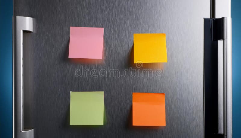 Stainless steel double-door refrigerator with three colourful sticky notes royalty free illustration