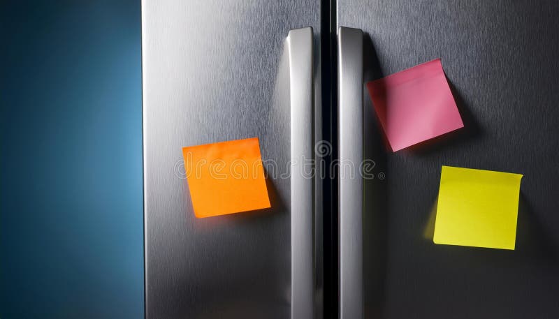 Stainless steel double-door refrigerator with three colourful sticky notes vector illustration