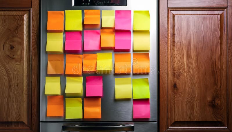 Refrigerator door adorned with colourful sticky notes stock illustration