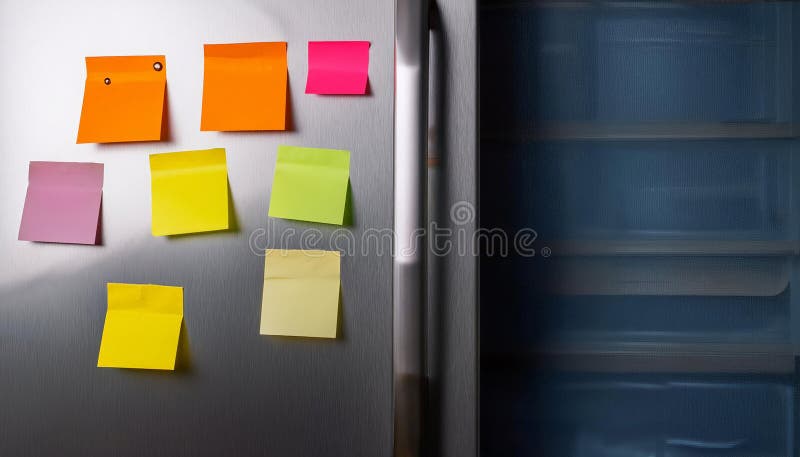 Colourful sticky notes are arranged on a stainless steel refrigerator door stock illustration