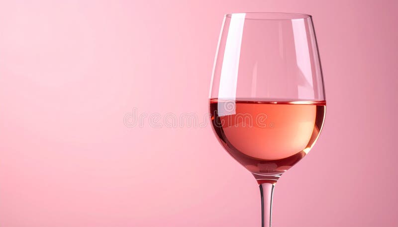 A close-up of a ros� wine glass reflecting soft pink hues. The matte pale pink background enhances the gentle and elegant mood. Perfect for showcasing the delicate and vibrant qualities of ros� wine. Ideal for feminine and stylish wine promotions. Matte pink illustrations