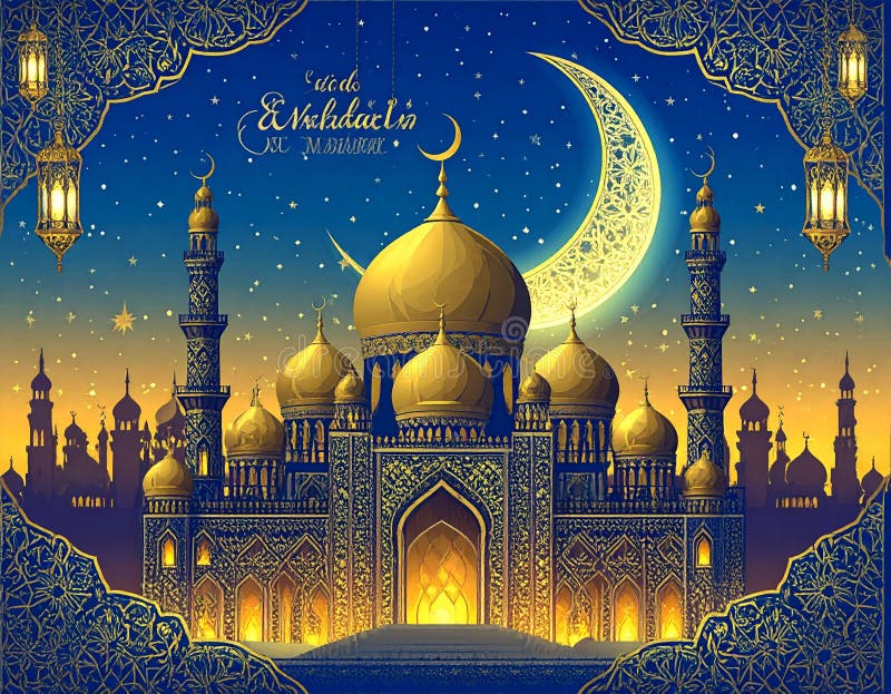 Flat Vector Eid Mubarak Greeting Card â Golden Mosque, Crescent Moon, Lanterns, Islamic Pattern