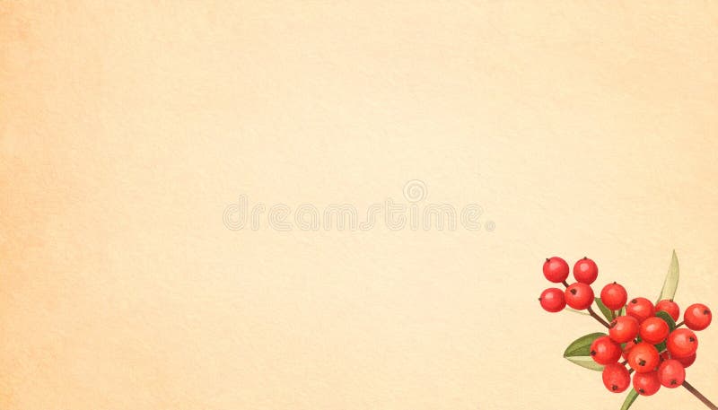 A pale orange watercolor matte background with a red berry cluster in the bottom-right corner. The soft, warm tones are ideal for autumn and holiday natural-themed designs. Perfect for greeting cards, posters, web design, and interior decor. Red matte wallpaper illustrations