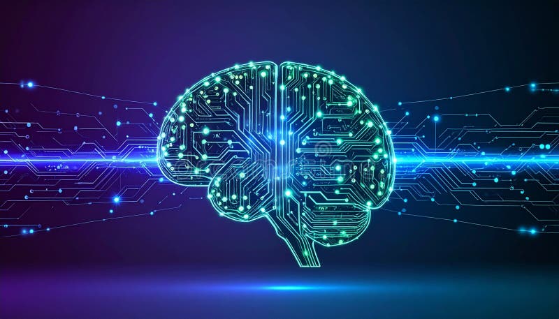 Generated using AI. Neon illustration of a human brain with circuitry pattern, symbolizing artificial intelligence stock illustration