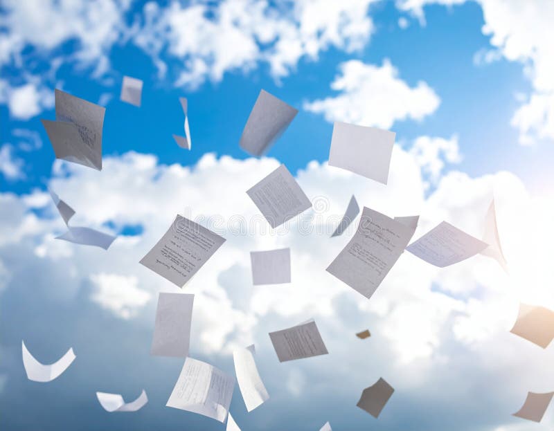 A dynamic and ethereal image featuring numerous white papers, some blank and others with text, gracefully flying and falling against a vibrant blue sky dotted with soft white clouds. The scene evokes a sense of freedom, release from bureaucracy, or the widespread dissemination of information and ideas. Perfect for illustrating concepts related to data, communication, creativity, business, or the digital age, offering ample copy space. Stress release illustrations