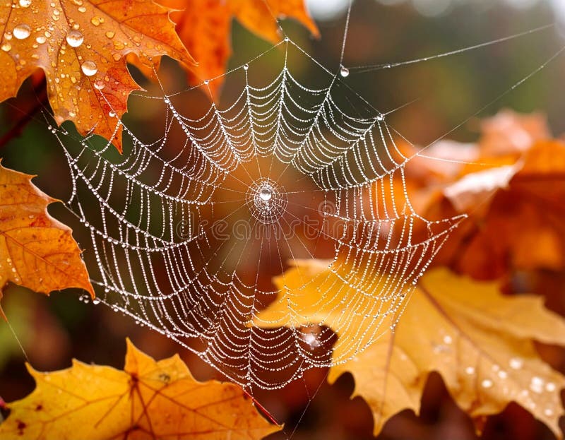 Generated image This macro perspective reveals the intricate, delicate artistry of dewdrop-speckled webs and crispy autumn leaves stock photography