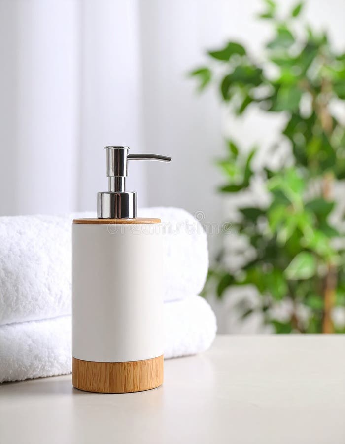 Soap dispenser and towels on table. Space for text vector illustration