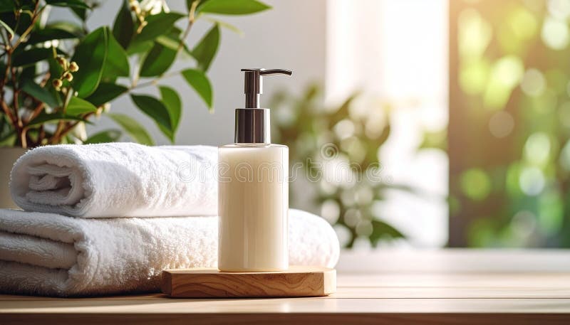 Soap dispenser and towels on table. Space for text vector illustration