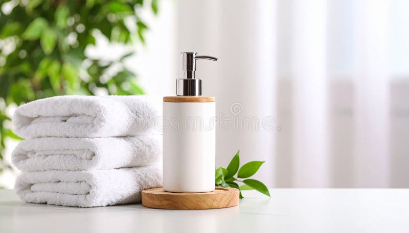 Soap dispenser and towels on table. Space for text vector illustration