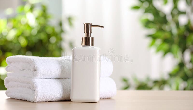 Soap dispenser and towels on table. Space for text vector illustration