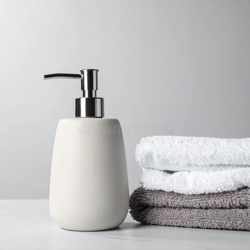Soap dispenser and towels on table. Space for text stock illustration