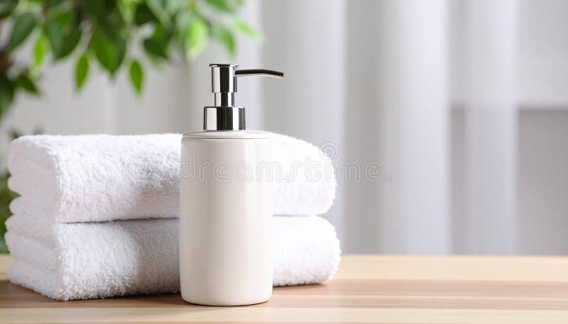 Soap dispenser and towels on table. Space for text vector illustration