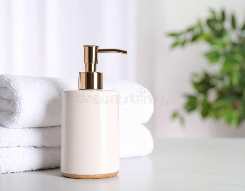 Soap dispenser and towels on table. Space for text vector illustration