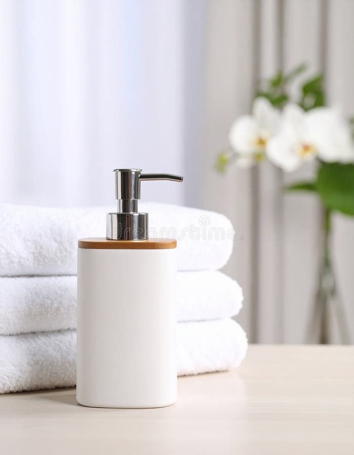 Soap dispenser and towels on table. Space for text royalty free illustration