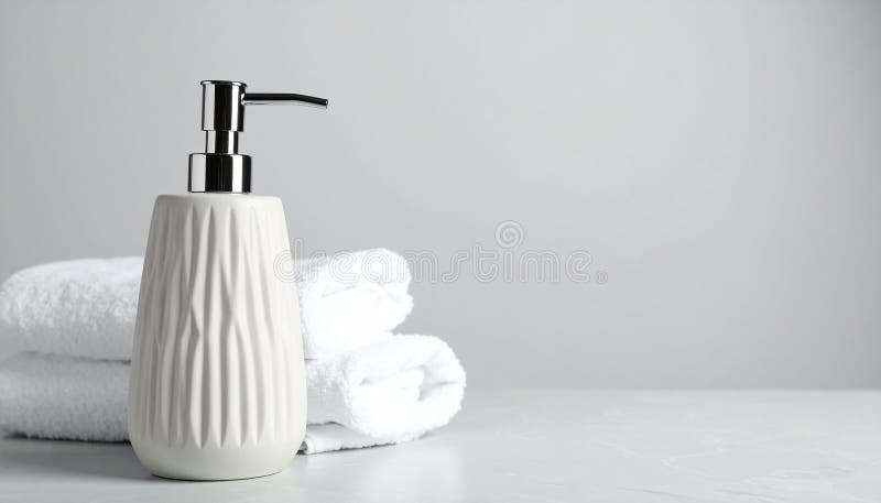 Soap dispenser and towels on table. Space for text stock illustration