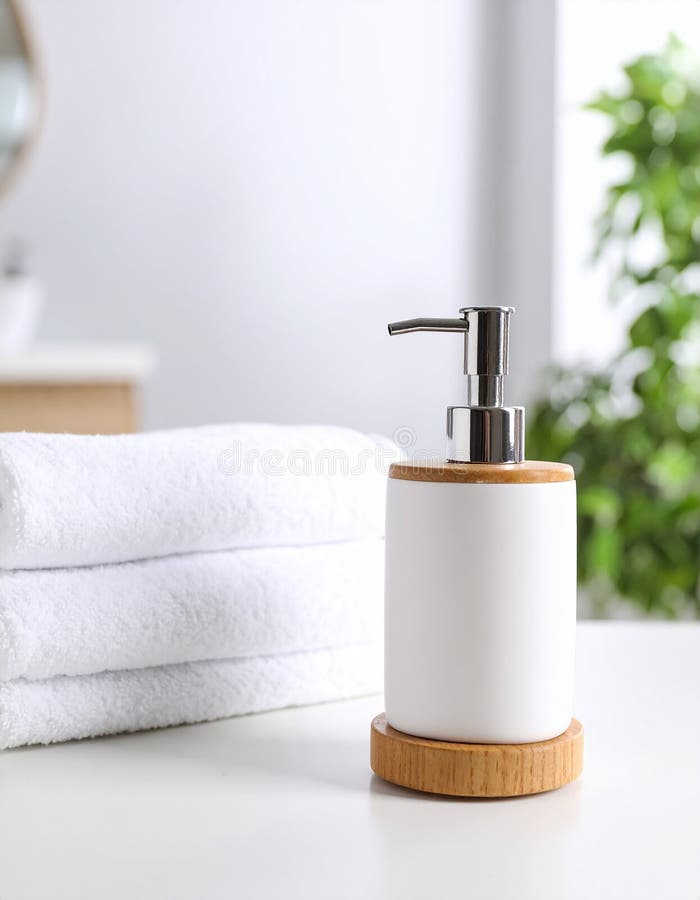 Soap dispenser and towels on table. Space for text royalty free illustration