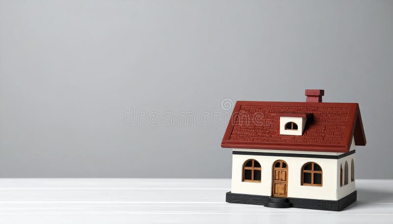 Wooden model house with a simple design, featuring four square windows and a slanted roof. Made of light-colored wood with dark accents, it sits on a wooden table against a plain gray background. The structure resembles a minimalist birdhouse or coin bank, with a slot on the roof. Mortgage concept. House model on white wooden table against grey background, space for tex. Al Generated. Dark gray coin illustrations