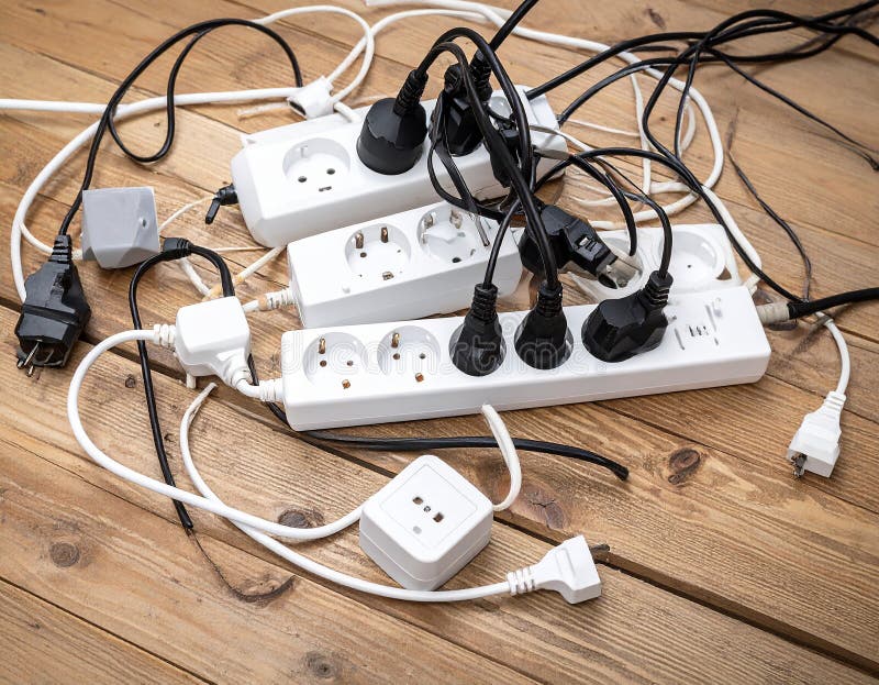 Power strips placed on a wooden floor, filled with various black and white plugs. Several cords and cables are tangled, extending in different directions. The strips are rectangular and white with multiple sockets. A small power indicator is visible on one strip. The setting suggests a busy or cluttered workspace or living area, potentially posing an electrical safety concern due to the number of devices and cord arrangement. Expansion power boards overloaded with outlets on wooden floor. Al Generated. Overloaded vehicle illustrations