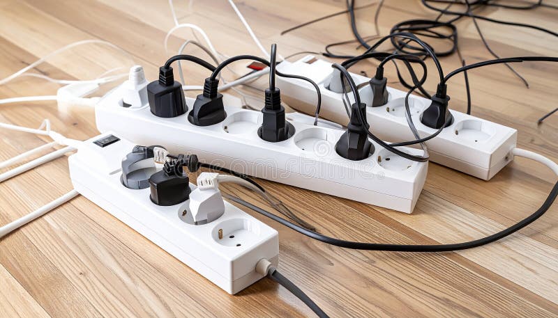 Power strips placed on a wooden floor, filled with various black and white plugs. Several cords and cables are tangled, extending in different directions. The strips are rectangular and white with multiple sockets. A small power indicator is visible on one strip. The setting suggests a busy or cluttered workspace or living area, potentially posing an electrical safety concern due to the number of devices and cord arrangement. Expansion power boards overloaded with outlets on wooden floor. Al Generated. Overloaded vehicle illustrations