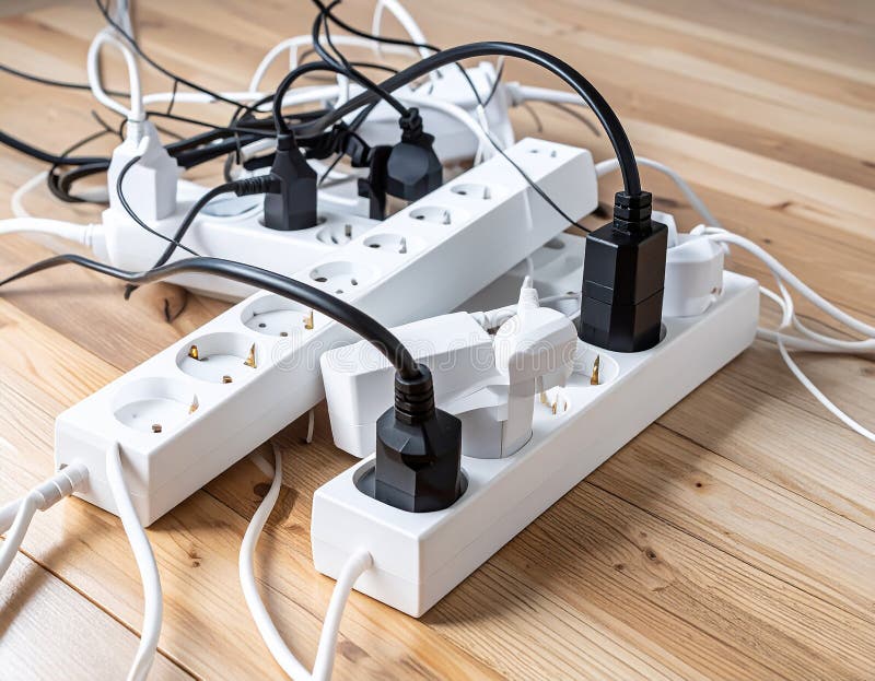 Power strips placed on a wooden floor, filled with various black and white plugs. Several cords and cables are tangled, extending in different directions. The strips are rectangular and white with multiple sockets. A small power indicator is visible on one strip. The setting suggests a busy or cluttered workspace or living area, potentially posing an electrical safety concern due to the number of devices and cord arrangement. Expansion power boards overloaded with outlets on wooden floor. Al Generated. Overloaded vehicle illustrations