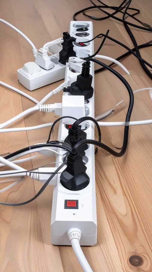 Power strips placed on a wooden floor, filled with various black and white plugs. Several cords and cables are tangled, extending in different directions. The strips are rectangular and white with multiple sockets. A small power indicator is visible on one strip. The setting suggests a busy or cluttered workspace or living area, potentially posing an electrical safety concern due to the number of devices and cord arrangement. Expansion power boards overloaded with outlets on wooden floor. Al Generated. Overloaded vehicle illustrations