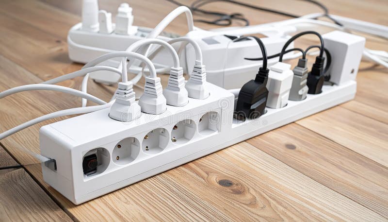 Power strips placed on a wooden floor, filled with various black and white plugs. Several cords and cables are tangled, extending in different directions. The strips are rectangular and white with multiple sockets. A small power indicator is visible on one strip. The setting suggests a busy or cluttered workspace or living area, potentially posing an electrical safety concern due to the number of devices and cord arrangement. Expansion power boards overloaded with outlets on wooden floor. Al Generated. Overloaded vehicle illustrations