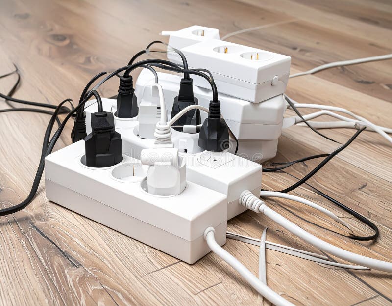 Power strips placed on a wooden floor, filled with various black and white plugs. Several cords and cables are tangled, extending in different directions. The strips are rectangular and white with multiple sockets. A small power indicator is visible on one strip. The setting suggests a busy or cluttered workspace or living area, potentially posing an electrical safety concern due to the number of devices and cord arrangement. Expansion power boards overloaded with outlets on wooden floor. Al Generated. Overloaded vehicle illustrations
