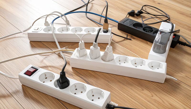 Power strips placed on a wooden floor, filled with various black and white plugs. Several cords and cables are tangled, extending in different directions. The strips are rectangular and white with multiple sockets. A small power indicator is visible on one strip. The setting suggests a busy or cluttered workspace or living area, potentially posing an electrical safety concern due to the number of devices and cord arrangement. Expansion power boards overloaded with outlets on wooden floor. Al Generated. Overloaded vehicle illustrations