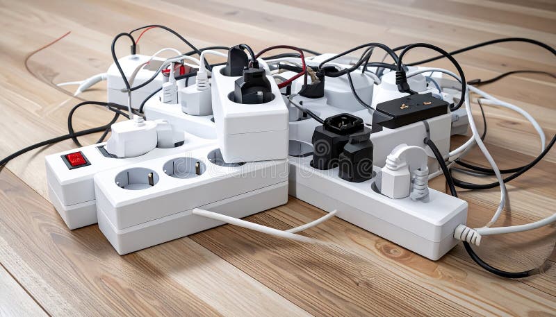 Power strips placed on a wooden floor, filled with various black and white plugs. Several cords and cables are tangled, extending in different directions. The strips are rectangular and white with multiple sockets. A small power indicator is visible on one strip. The setting suggests a busy or cluttered workspace or living area, potentially posing an electrical safety concern due to the number of devices and cord arrangement. Expansion power boards overloaded with outlets on wooden floor. Al Generated. Overloaded vehicle illustrations
