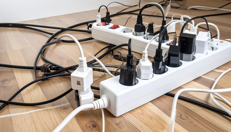 Power strips placed on a wooden floor, filled with various black and white plugs. Several cords and cables are tangled, extending in different directions. The strips are rectangular and white with multiple sockets. A small power indicator is visible on one strip. The setting suggests a busy or cluttered workspace or living area, potentially posing an electrical safety concern due to the number of devices and cord arrangement. Expansion power boards overloaded with outlets on wooden floor. Al Generated. Overloaded vehicle illustrations