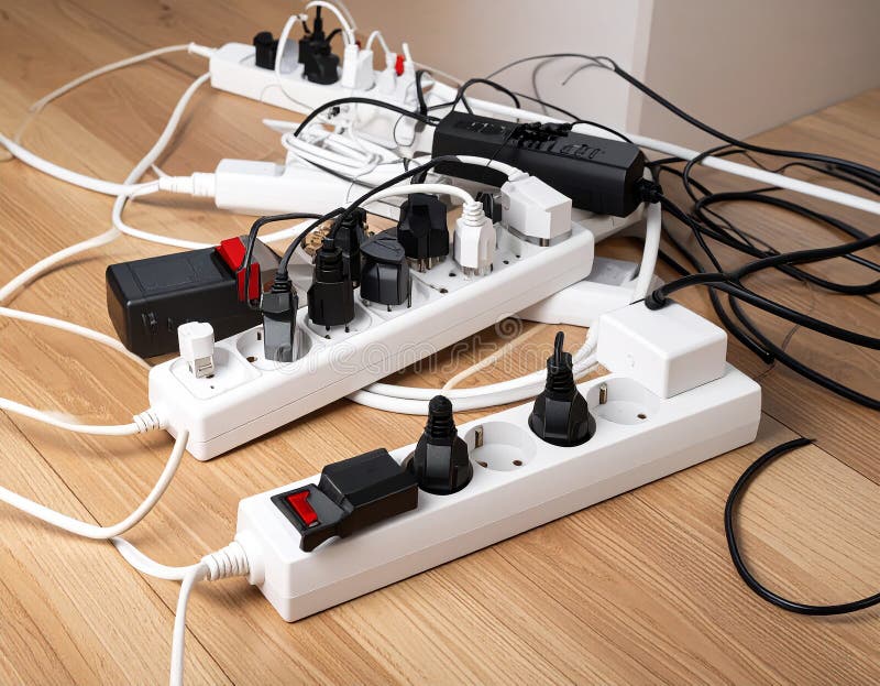 Power strips placed on a wooden floor, filled with various black and white plugs. Several cords and cables are tangled, extending in different directions. The strips are rectangular and white with multiple sockets. A small power indicator is visible on one strip. The setting suggests a busy or cluttered workspace or living area, potentially posing an electrical safety concern due to the number of devices and cord arrangement. Expansion power boards overloaded with outlets on wooden floor. Al Generated. Overloaded vehicle illustrations