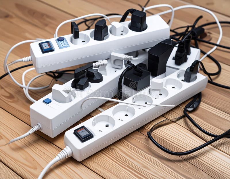 Power strips placed on a wooden floor, filled with various black and white plugs. Several cords and cables are tangled, extending in different directions. The strips are rectangular and white with multiple sockets. A small power indicator is visible on one strip. The setting suggests a busy or cluttered workspace or living area, potentially posing an electrical safety concern due to the number of devices and cord arrangement. Expansion power boards overloaded with outlets on wooden floor. Al Generated. Overloaded vehicle illustrations