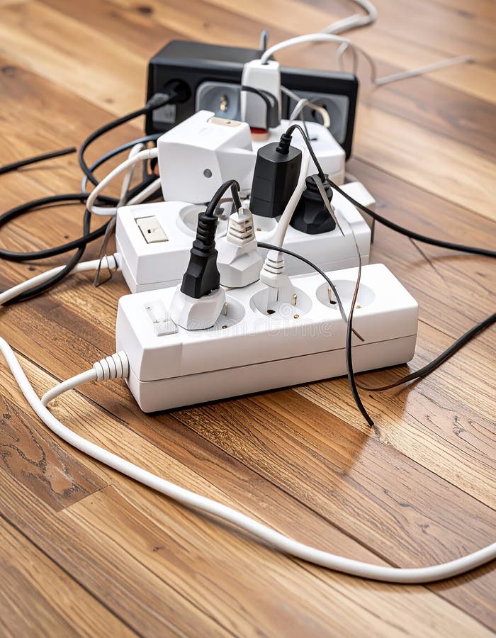 Power strips placed on a wooden floor, filled with various black and white plugs. Several cords and cables are tangled, extending in different directions. The strips are rectangular and white with multiple sockets. A small power indicator is visible on one strip. The setting suggests a busy or cluttered workspace or living area, potentially posing an electrical safety concern due to the number of devices and cord arrangement. Expansion power boards overloaded with outlets on wooden floor. Al Generated. Overloaded vehicle illustrations